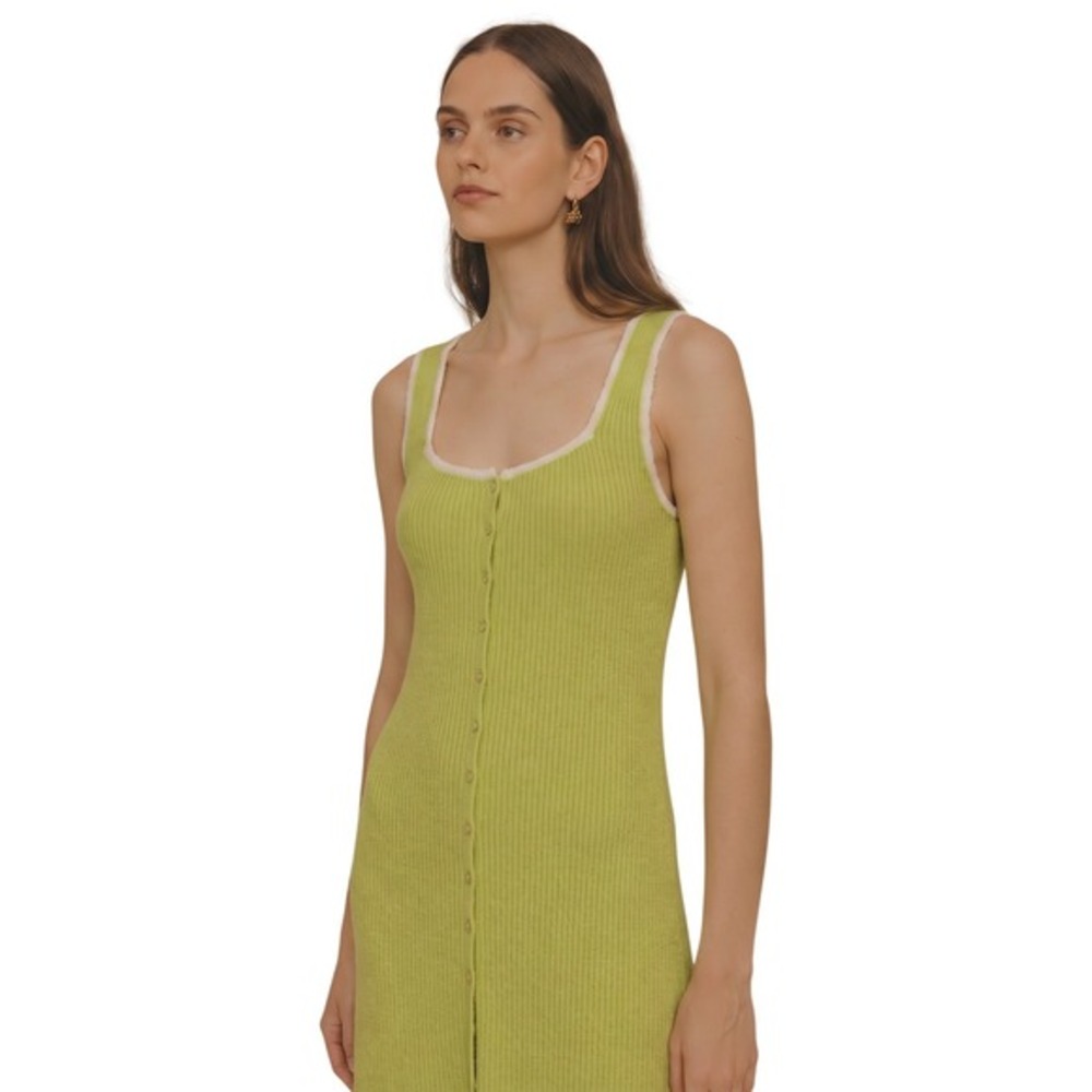 ModCloth Lime Green Boucle Knit Button Front Midi Dress Square Neck Womens L NEW